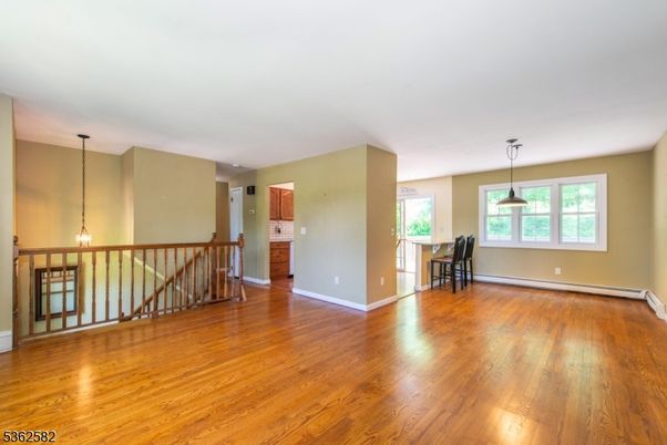 Dining room, Empty room, Interior, Pendant Lights, Wood Texture Flooring