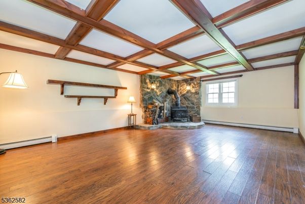 Empty room, Fireplace, Interior, Wooden Beams, Wood Texture Flooring