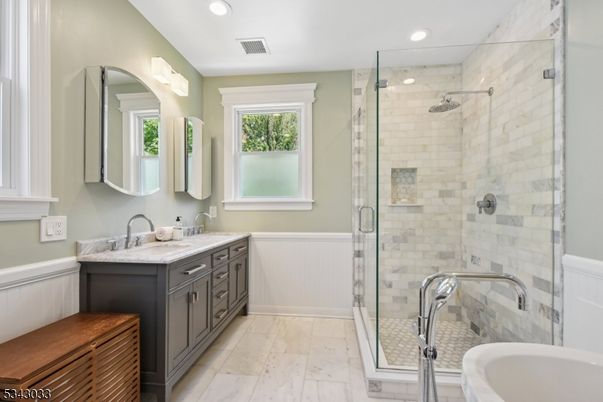 Bathroom, Dual Sink Vanities, Glass Shower, Interior, Recessed Lighting