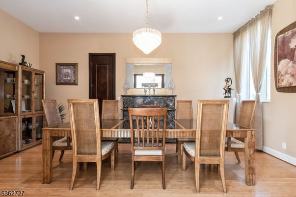 Dining room, Interior, Pendant Lights, Recessed Lighting, Wood Texture Flooring