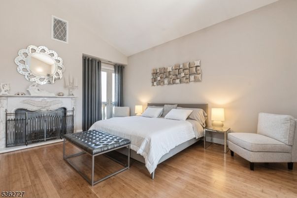 Bedroom, Fireplace, Interior, Wood Texture Flooring