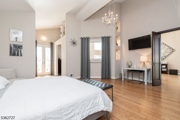 Bedroom, Chandelier, Interior, Wood Texture Flooring