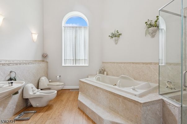 Bathroom, Dual Sink Vanities, Glass Shower, Interior, Wood Texture Flooring
