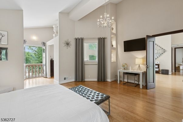 Bedroom, Chandelier, Interior, Pendant Lights, Wood Texture Flooring