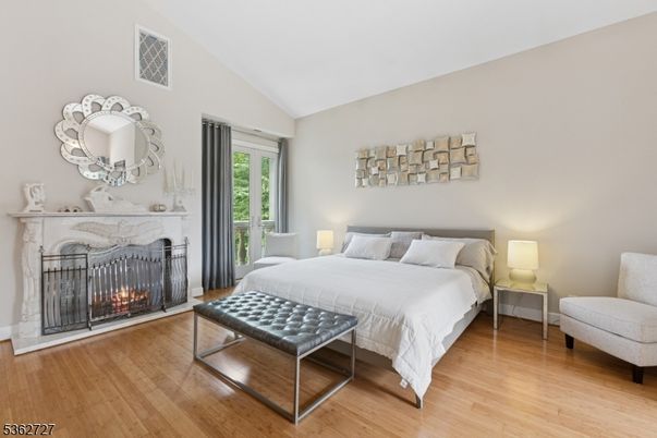 Bedroom, Fireplace, Interior, Wood Texture Flooring