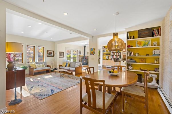 Dining room, Interior, Living room, Pendant Lights, Recessed Lighting, Wood Texture Flooring