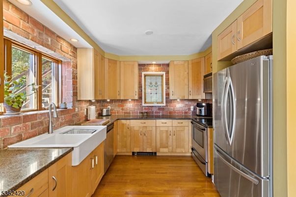 Interior, Kitchen, Recessed Lighting, Stainless Steel Appliances, Stone Walls, Wood Texture Flooring
