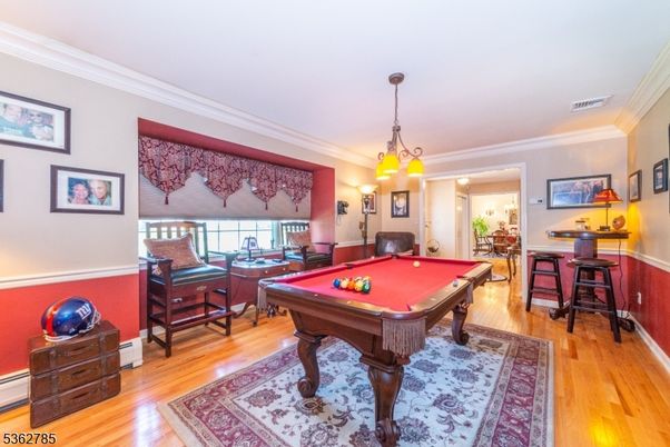 Billiard Table, Chandelier, Game Room, Interior, Pendant Lights, Wood Texture Flooring