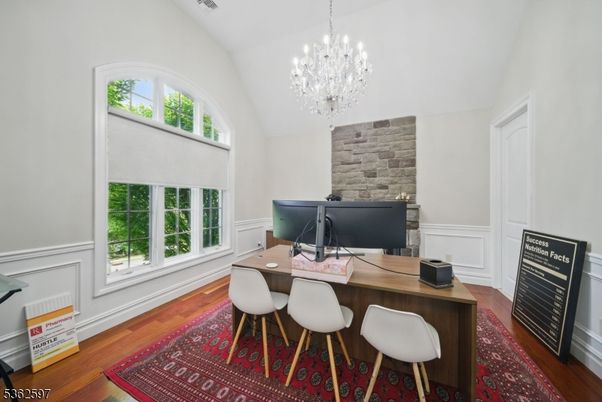 Chandelier, Home Office, Interior, Wood Texture Flooring