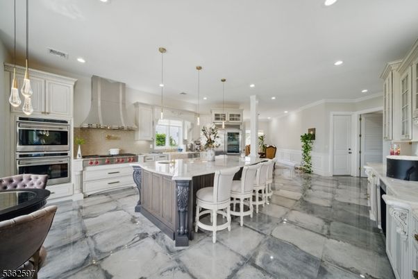 Interior, Kitchen, Marble, Pendant Lights, Recessed Lighting, Stainless Steel Appliances