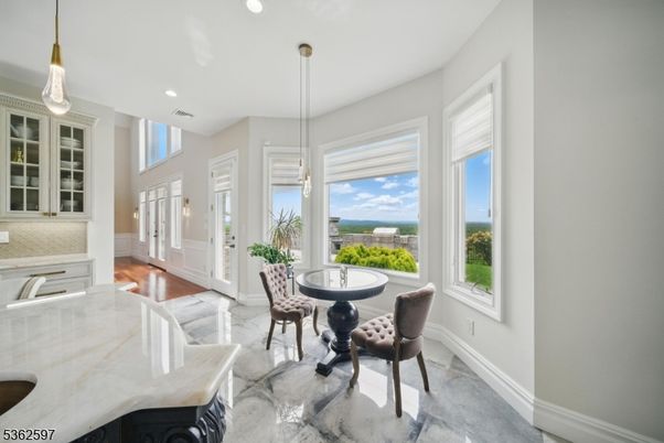 Dining room, Interior, Marble, Pendant Lights, Recessed Lighting, Water, Wood Texture Flooring