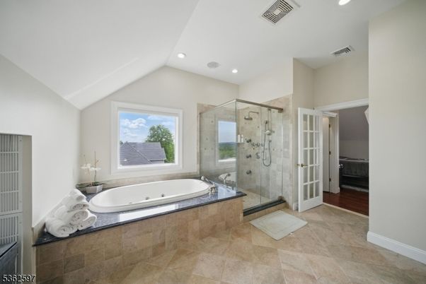 Bathroom, Glass Shower, Interior, Recessed Lighting, Wood Texture Flooring