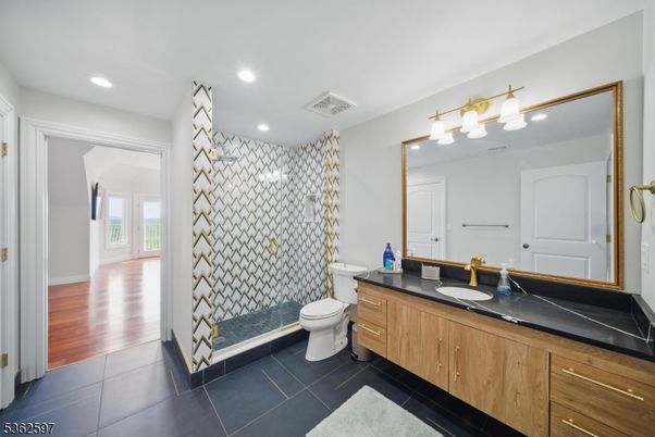 Bathroom, Glass Shower, Interior, Recessed Lighting, Wood Texture Flooring