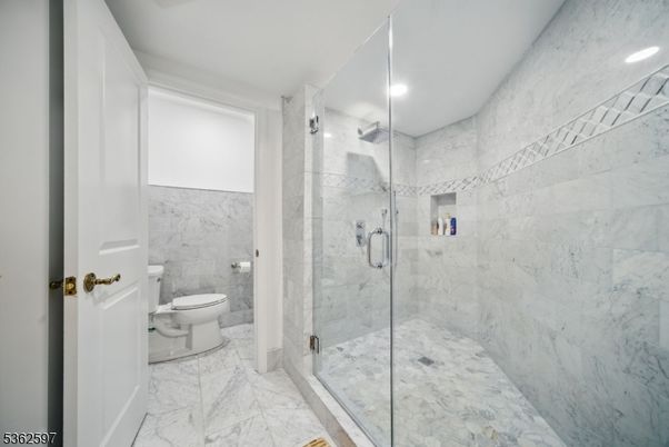 Bathroom, Glass Shower, Interior, Marble, Marble Walls, Recessed Lighting
