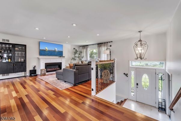 Fireplace, Interior, Living room, Pendant Lights, Recessed Lighting, Wood Texture Flooring