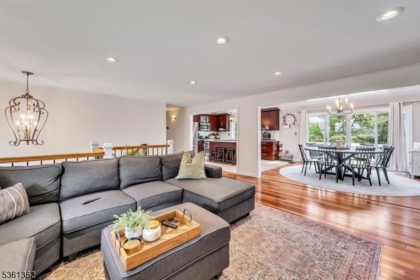 Chandelier, Dining room, Interior, Living room, Pendant Lights, Recessed Lighting, Wood Texture Flooring