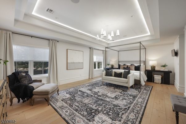 Bedroom, Chandelier, Interior, Recessed Lighting, Wood Texture Flooring