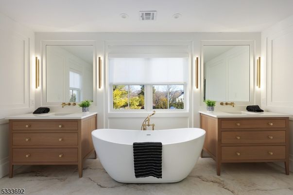 Bathroom, Dual Sink Vanities, Free Standing Baths, Interior, Marble