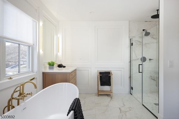 Bathroom, Free Standing Baths, Glass Shower, Interior, Marble, Marble Walls, Recessed Lighting