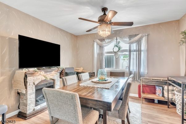 Dining room, Fireplace, Interior, Wood Texture Flooring