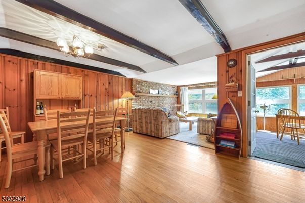 Dining room, Interior, Stone Walls, Wooden Beams, Wood Texture Flooring, Wooden Walls