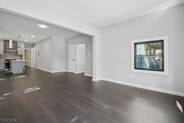 Empty room, Interior, Kitchen, Pendant Lights, Recessed Lighting, Wood Texture Flooring