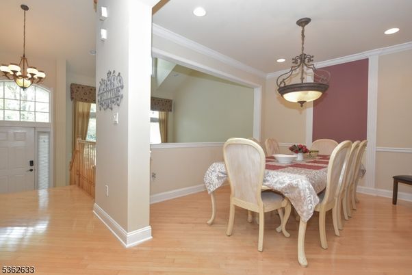 Dining room, Interior, Pendant Lights, Recessed Lighting, Wood Texture Flooring