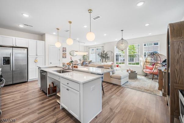 Interior, Kitchen, Living room, Pendant Lights, Recessed Lighting, Stainless Steel Appliances, Wood Texture Flooring