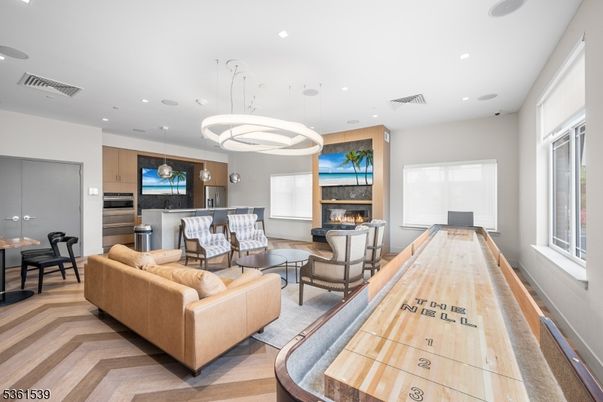 Fireplace, Interior, Living room, Pendant Lights, Recessed Lighting, Wood Texture Flooring