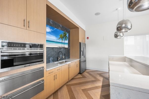Interior, Kitchen, Pendant Lights, Stainless Steel Appliances, Wood Texture Flooring