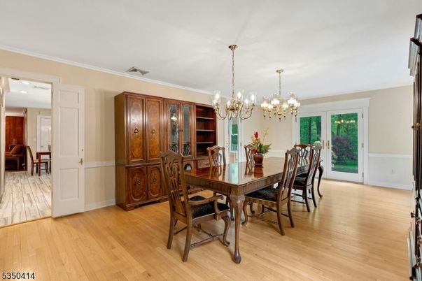 Chandelier, Dining room, Interior, Wood Texture Flooring