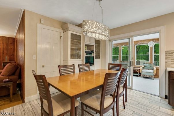 Dining room, Interior, Pendant Lights, Wood Texture Flooring