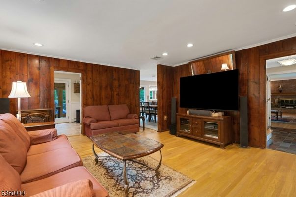 Interior, Living room, Recessed Lighting, Wood Texture Flooring, Wooden Walls