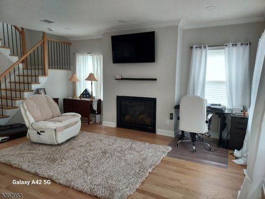 Fireplace, Home Office, Interior, Recessed Lighting, Wood Texture Flooring