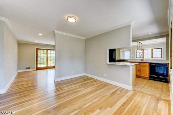 Empty room, Interior, Kitchen, Pendant Lights, Recessed Lighting, Wood Texture Flooring
