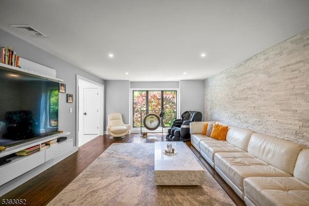 Interior, Living room, Recessed Lighting, Stone Walls, Wood Texture Flooring