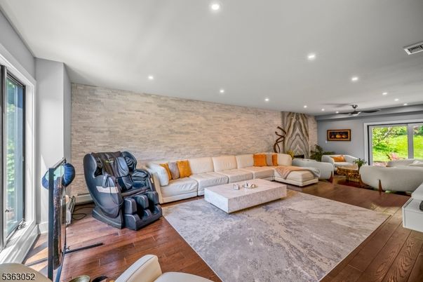 Interior, Living room, Recessed Lighting, Stone Walls, Wood Texture Flooring