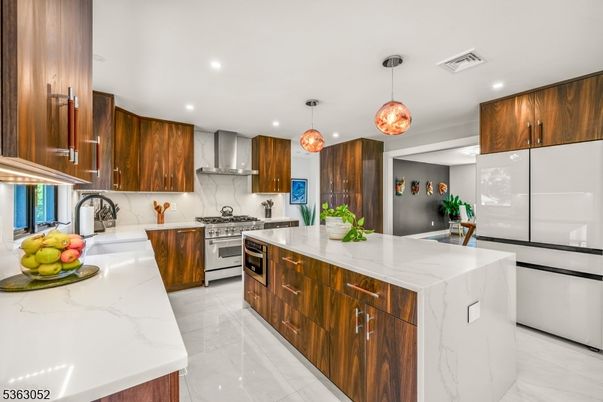 Interior, Kitchen, Marble, Pendant Lights, Recessed Lighting, Stainless Steel Appliances