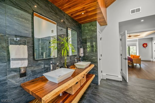 Bathroom, Dual Sink Vanities, Glass Shower, Interior, Recessed Lighting, Wooden Ceilings, Wood Texture Flooring