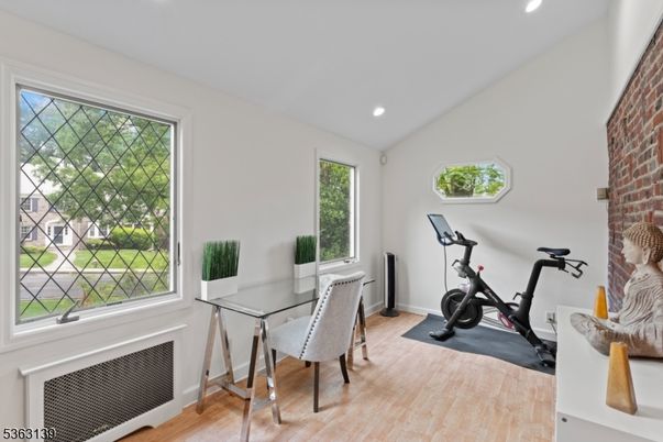 Fitness Equipment, Home Office, Interior, Recessed Lighting, Stone Walls, Wood Texture Flooring