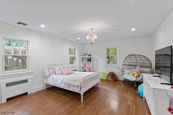 Bedroom, Chandelier, Interior, Recessed Lighting, Wood Texture Flooring