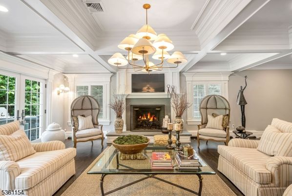 Chandelier, Fireplace, Interior, Living room, Recessed Lighting, Wood Texture Flooring