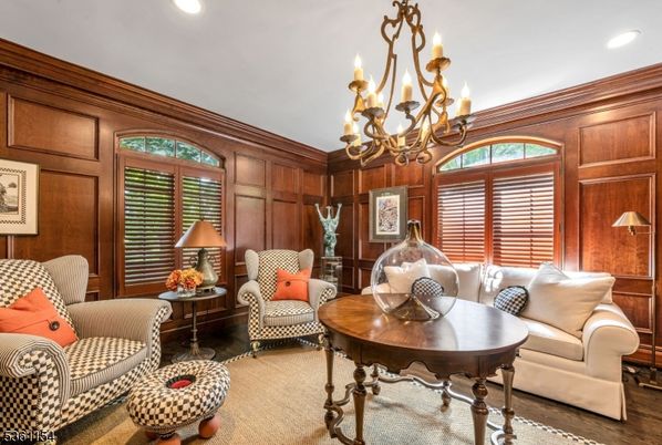 Chandelier, Interior, Living room, Recessed Lighting, Wood Texture Flooring, Wooden Walls