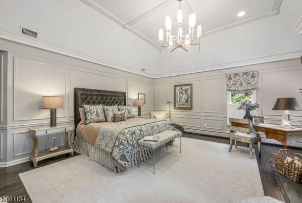 Bedroom, Chandelier, Interior, Recessed Lighting, Wood Texture Flooring