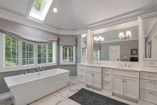 Bathroom, Dual Sink Vanities, Free Standing Baths, Interior, Marble, Recessed Lighting