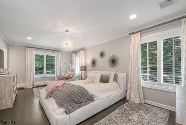 Bedroom, Chandelier, Interior, Recessed Lighting, Wood Texture Flooring