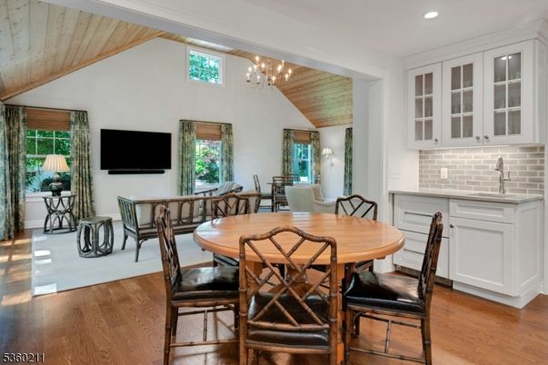 Chandelier, Dining room, Interior, Recessed Lighting, Wooden Ceilings, Wood Texture Flooring