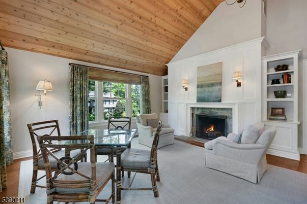 Dining room, Fireplace, Interior, Living room, Wooden Ceilings, Wood Texture Flooring
