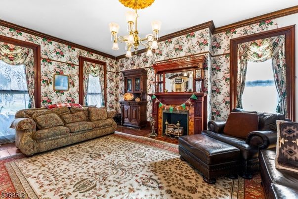 Chandelier, Fireplace, Interior, Living room