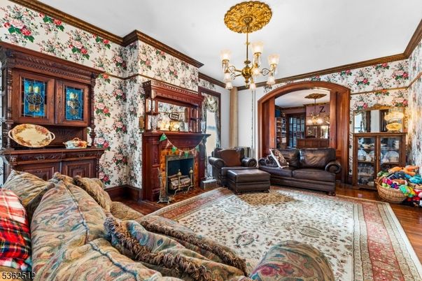 Chandelier, Fireplace, Interior, Living room, Wood Texture Flooring